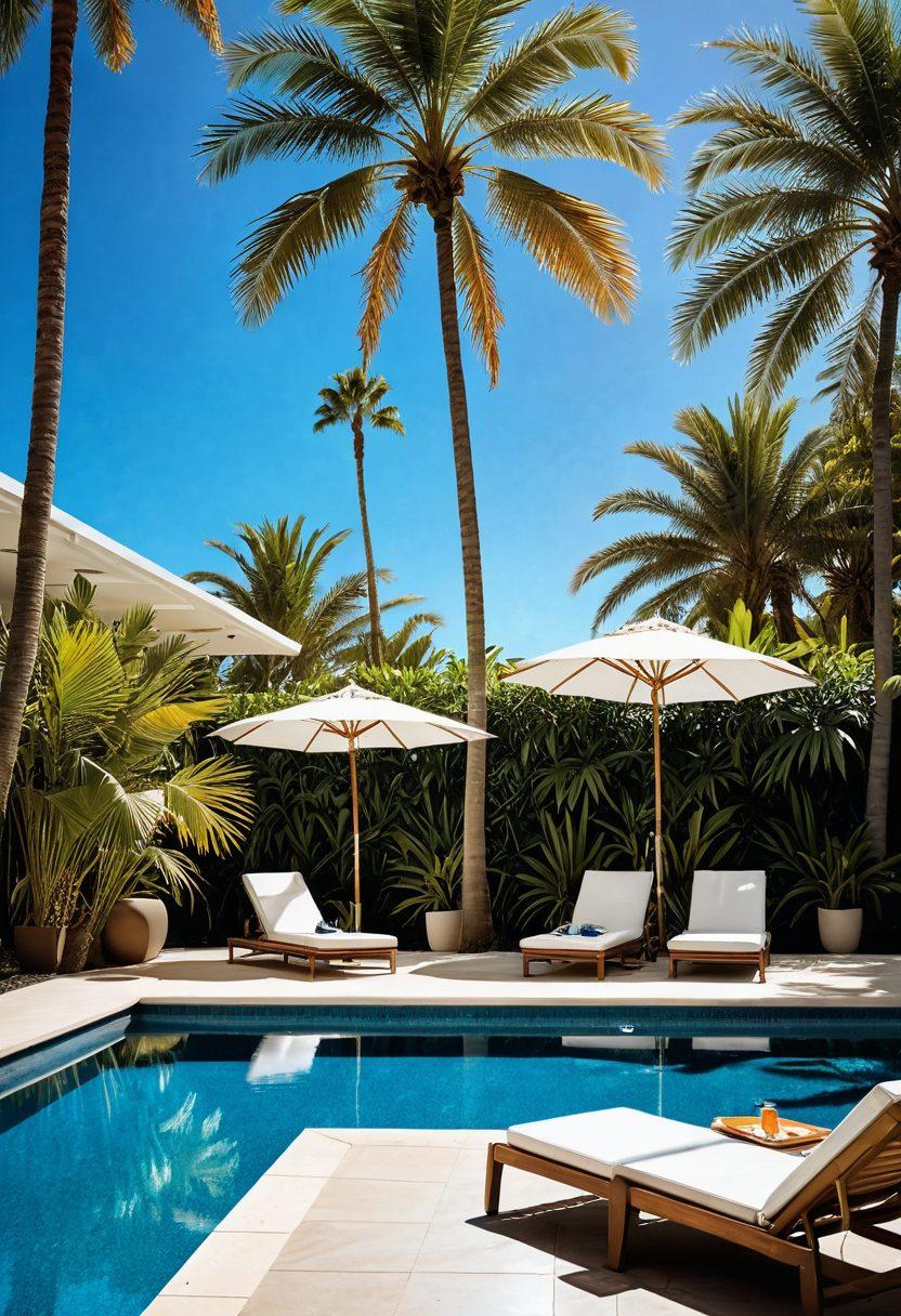 A luxurious poolside scene featuring stylish swimwear hanging on a sunlit clothesline. In the foreground, a sunbather relaxes on a chic lounge chair with a chic insurance brochure beside them. Palm trees sway gently in the background, and a shimmering blue pool reflects the bright sky. The atmosphere is inviting and vibrant, emphasizing a sense of summer leisure and security. super-realistic. vibrant colors. tropical theme.
