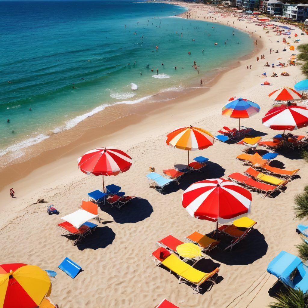 A sunny beach scene with colorful beach umbrellas and fashionable beachwear on display. Include a large, informative sign that lists various types of insurance coverage for beachgoers. Add playful waves in the background as people enjoy the water. The scene should evoke a sense of fun and safety at the beach. vibrant colors. summer theme. 3D.