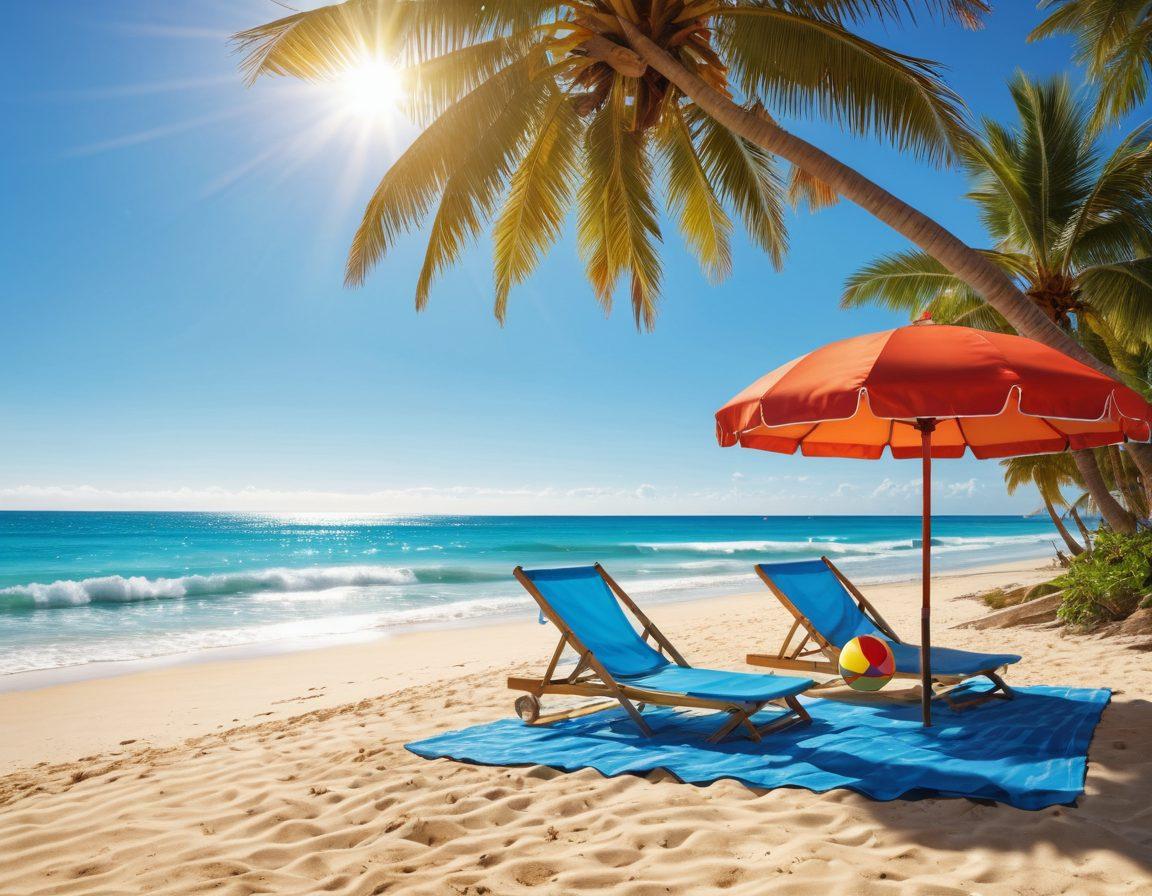 A serene beach scene with colorful swimwear hanging on a clothesline, sunbathers enjoying the sun, and a floating infographic showcasing essential insurance coverage and savings options. Incorporate bright sun rays, gentle waves, and playful beach elements to represent relaxation and protection. Illustrate a sense of safety and fun. vibrant colors. super-realistic.